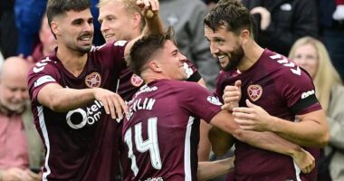 Craig Halkett celebrates putting Hearts 3-0 up on Falkirk as they moved to the top of the table