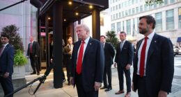 President Donald Trump (center) stands outside of Joe's Seafood, Prime Steak & Stone Crab in downtown Washington, D.C. alongside (from left) Secretary of State Marco Rubio, Secretary of War Pete Hegseth and Vice President J.D. Vance ahead of dinner Tuesday night