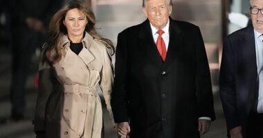 First Lady Melania Trump (left) and President Donald Trump (right) hold hands as they arrive in the United Kingdom to be feted by King Charles at Windsor Castle
