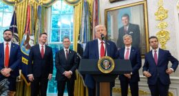 President Trump is pictured alongside, from left, Vice-President JD Vance, HHS secretary senior advisor Chris Klomp, Pfizer chief executive Albert Bourla, CMS administrator Dr Mehmet Oz and FDA commissioner Dr Marty Makary