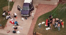 In advance of killing 13 students, one teacher and ultimately themselves, Colorado teenagers Eric Harris and Dylan Klebold documented their preparations on camera (Pictured: Medics treating the wounded at Columbine High School in Littleton, Colorado on April 20, 1999)