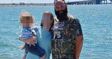 In one image, Sanford poses alongside his wife and son wearing a pro-Trump shirt with the message 'Make Liberals Cry Again'