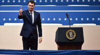 US media personality Charlie Kirk gave a thumbs up as he arrived to speak during the presidential inaugural parade inside Capitol One Arena, in Washington, DC