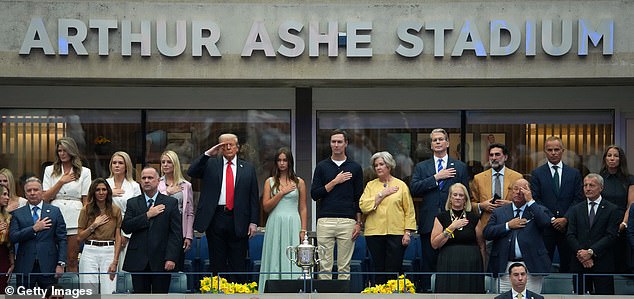 Who's who in Trump's US Open box? President is flanked by beaming granddaughter Arabella and MAGA inner circle