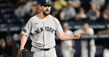 Carlos Rodón #55 of the New York Yankees reacts following the sixth inning against the Tampa Bay Rays at George M. Steinbrenner Field on August 19, 2025 in Tampa, Florida.