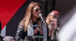 Senator Lidia Thorpe has threatened to 'burn down' parliament amid nationwide pro-Palestine protests. She is pictured speaking to demonstrators in Melbourne in August
