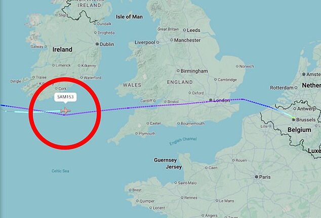 According to Flight Radar, the plane, a Boeing C-32A, was leaving Belgium but during flight an emergency was declared while flying over the Atlantic, which made them return to the United Kingdom