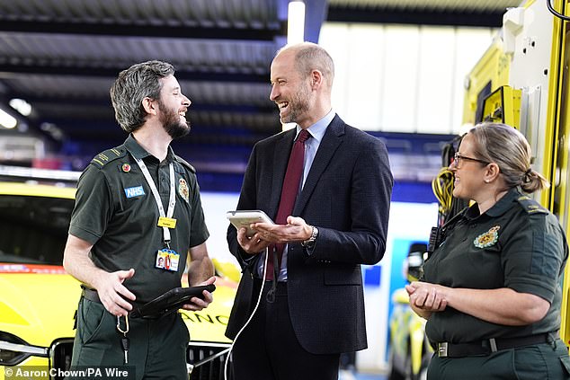 Prince William takes part in a training demonstration at the London Ambulance Service today