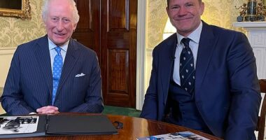 The King will speak to Steve Backshall about the 'devastating effects' of climate change in a forthcoming ITV documentary. Pictured together in March at Buckingham Palace
