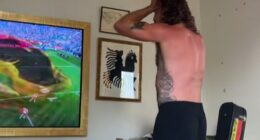 Abbie Chatfield 's boyfriend Adam Hyde, 35, (pictured) has been lampooned for his overly enthusiastic response to the NRL Women's premiership on Monday