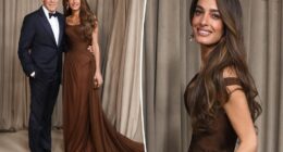 Amal Clooney wears a brown Versace dress for Albie Awards with George Clooney
