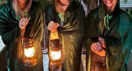 Amanda Holden and her lookalike daughters Lexi, 19, (left) and Hollie, 13, (right), channelled Traitors star Alan Carr in their hooded capes for Halloween on Instagram on Friday