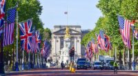 American flags and Union Jack flags decorate The Mall leading to Buckingham Palace ahead of the state visit by Donald Trump last month