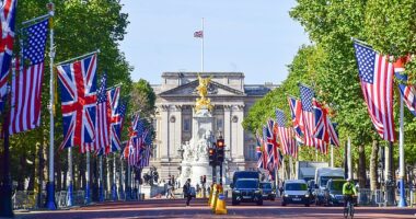 American flags and Union Jack flags decorate The Mall leading to Buckingham Palace ahead of the state visit by Donald Trump last month
