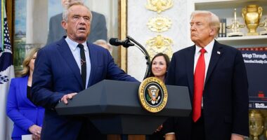 Robert F Kennedy Junior, the Health and Human Services Secretary, is pictured above with Donald Trump at the press conference yesterday