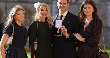 England legend James Anderson has received his knighthood from Princess Anne during a ceremony at Windsor Castle. Pictured with wife Daniella (second left) and daughters Lola and Ruby
