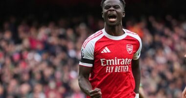 Bukayo Saka (above) and Declan Rice steered Arsenal to a 2-0 win over West Ham on Saturday
