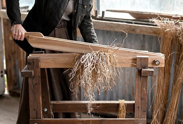The Princess of Wales uses a restored heritage machine that is used for 'breaking and scutching' during her visit to Mallon Farm, a flax farm in County Tyrone