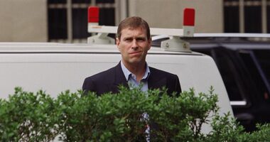 Prince Andrew is pictured after allegedly having a 'lunch date' in New York with Ghislaine Maxwell on April 20, 2000