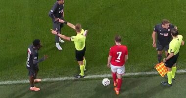 Referee Lothar D'Hondt abandoned the match after being hit with a cup thrown from the stands