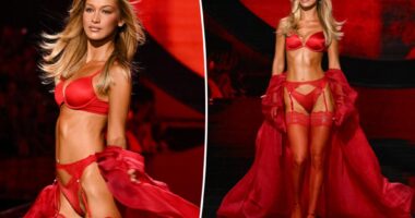 Bella Hadid brings the heat in red lingerie and thigh-highs on VS Fashion Show 2025 runway
