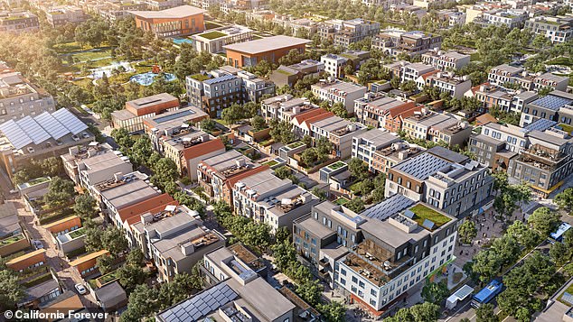 A group of billionaires have scrapped their plans to build a new California city from scratch as they unveiled a new alternative - dubbed 'California Forever' (seen in a rendering)