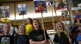 Relatives of hostages whose bodies are still in Gaza hold up placards and demand their release