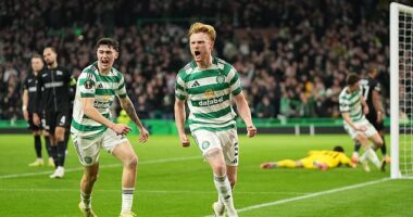 Scales celebrates after his equaliser gave Celtic the breakthrough they desperately needed