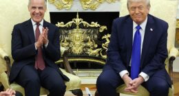 Body language expert Judi James observed Canadian Prime Minister Mark Carney (left) doing a lot of 'verbal stoking' of President Donald Trump during their Tuesday meeting in the Oval Office