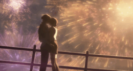 A screen grab featuring two characters embracing amid fireworks from Chainsaw Man - The Movie: Reze Arc.