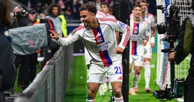Ruben Kluivert celebrates scoring for Lyon against Salzburg in the Europa League