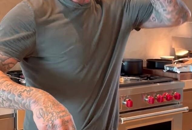 David Beckham poked fun at wife Victoria's lack of cooking skills as he swigged shots while single-handedly preparing the family's Sunday lunch this week