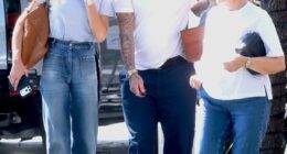 David and Victoria Beckham enjoyed an alfresco lunch with his mother Sandra (right) and father Ted in Miami on Sunday as a row with their neighbours rages on back in the UK
