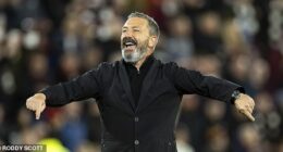 Hearts boss Derek McInnes joins in with the chants of We Shall Not Be Moved at Tynecastle