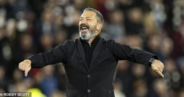 Hearts boss Derek McInnes joins in with the chants of We Shall Not Be Moved at Tynecastle