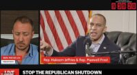 The Democrat party was roasted after hosting a shutdown livestream starring Hakeem Jeffries (pictured right) that only draw a few dozens viewers at a time - as Donald Trump continued to troll liberal leaders