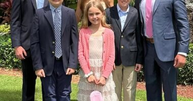 MAGA fans are freaking out over a new photo of Donald Trump Jr.'s son, Tristan, 14 (far left) - as they can't get over the uncanny resemblance he has to his grandfather, President Donald Trump