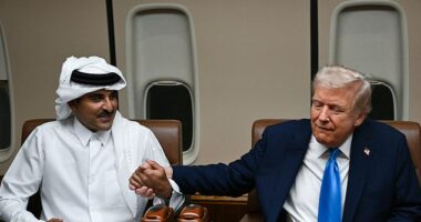 On Saturday, during a brief refueling stop in Doha, President Donald Trump met with Qatar¿s Emir Sheikh Tamim bin Hamad Al Thani aboard Air Force One (pictured)