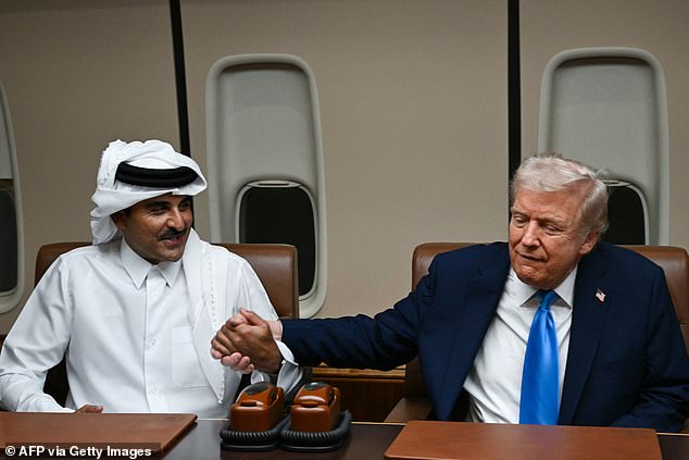 On Saturday, during a brief refueling stop in Doha, President Donald Trump met with Qatar¿s Emir Sheikh Tamim bin Hamad Al Thani aboard Air Force One (pictured)