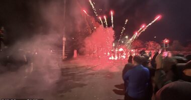 Protesters throw fireworks at Gardai officers near the Citywest Hotel in Saggart on October 2022