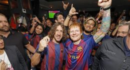 Ed Sheeran spent Sunday evening partying in New York as he watched El Clasico with a Barcelona legend