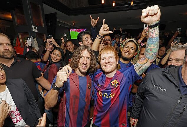 Ed Sheeran spent Sunday evening partying in New York as he watched El Clasico with a Barcelona legend