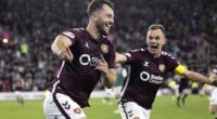 Defender Craig Halkett celebrates his late derby winner with Lawrence Shankland
