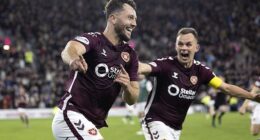 Defender Craig Halkett celebrates his late derby winner with Lawrence Shankland