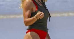 Elsa Pataky was spotted enjoying some solo time on the golden sands of Byron Bay on Sunday, as her husband Chris Hemsworth attended the Phillip Island MotoGP Grand Prix