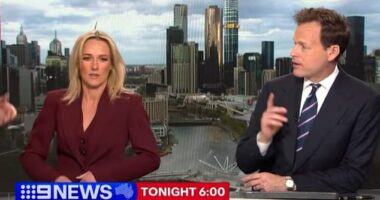 9News Melbourne anchor Tom Steinfort was caught in a live TV blunder with a floor manager during a newsroom update on Wednesday night. Pictured with co-host Alicia Loxley
