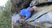 Pictured: Balin Miller, who died during a climb of El Capitan on Wednesday, is seen climbing he route "Croc's Nose" at Crocodile Rock in Hyalite Canyon near Bozeman, Montana on September 29, 2024