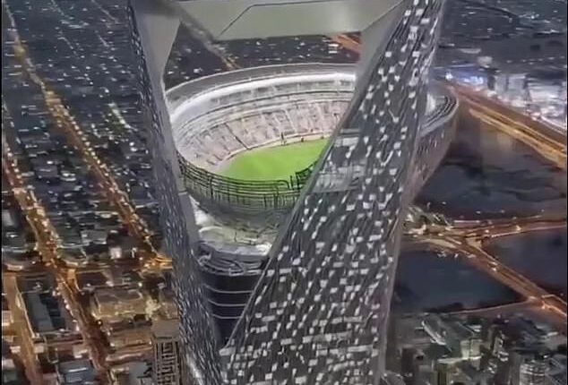 A video circulating on social media appears to show a concept of Saudi Arabia's Neom Sky Stadium, set to be a venue at the 2034 World Cup