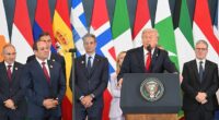 US President Donald Trump speaks about the Gaza peace deal with heads of state and government during Peace Summit in Sharm El Sheik, Egypt, on October 13