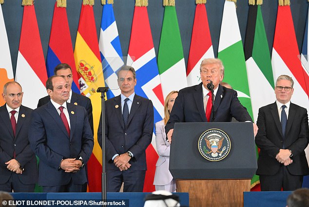 US President Donald Trump speaks about the Gaza peace deal with heads of state and government during Peace Summit in Sharm El Sheik, Egypt, on October 13